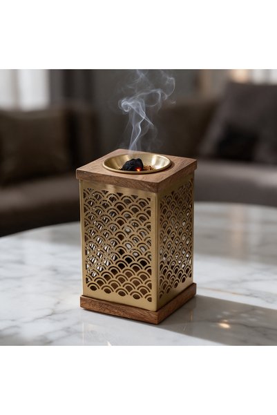 Generic Brand مبخرة هندى معدن ذهبى مع خشب