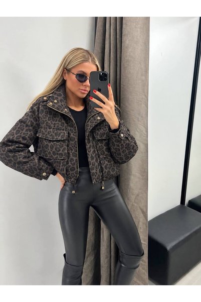 qeteen Kadın Leopar Desenli Kargo Cepli Fermuarlı Mikro Kumaş Beli Büzgülü Ceket