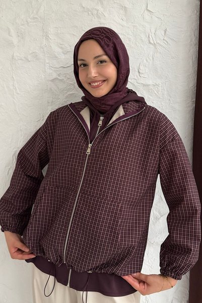 Modaensarbutik Kapüşonlu Ekose Garnili Bomber Ceket-BORDO