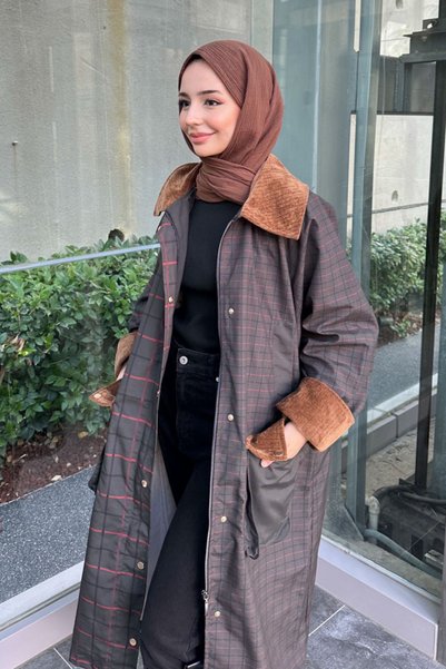 Ovn. Maya Kadife Yakalı Ekose Trenç - Kahverengi