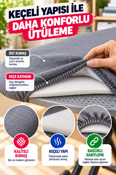 OpenCity Büyük Gri Ütü Masası Kılıfı 60x150 cm Keçeli Bağcıklı Ütü Bezi Örtüsü Pratik Kullanım Yedek Kılıf