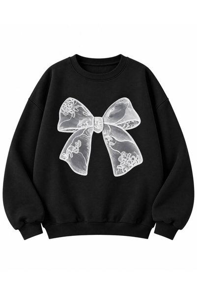 Elvino Patterned Ribbon Printed Crew Neck / Hooded Oversized Sweatshirt