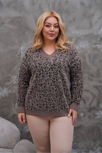 RUBYSSTORE Kadın Büyük beden leopar desenli V yaka yumoş dokulu sakal kazak 42/52