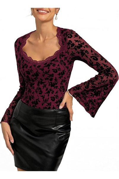 OtherMax Bluză Damă cu Mânecă Lungă din Plasă Elegantă Bordo-Neagră XL