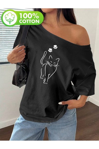OVER HEAD Tricou de damă, 100% bumbac, cu imprimeu Paw Cat, cu decolteu bărcu...