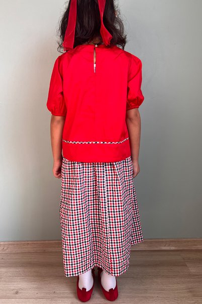 Masnu Çocuk Girl's Cotton Gingham Midi Skirt Short Sleeve Blouse Set
