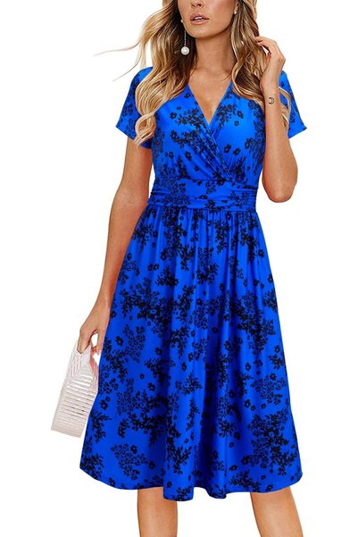 OtherMax Rochie de Damă de Vară cu Flori Midi cu Buzunare Albastră S