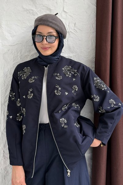 Modaensarbutik Taş ve Boncuk İşlemeli Fermuarlı Ceket-LACİVERT