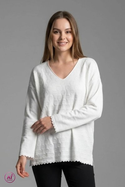 Bİ.GİYSEN Women's white v-neck plus size cashmere yarn fine knit blouse