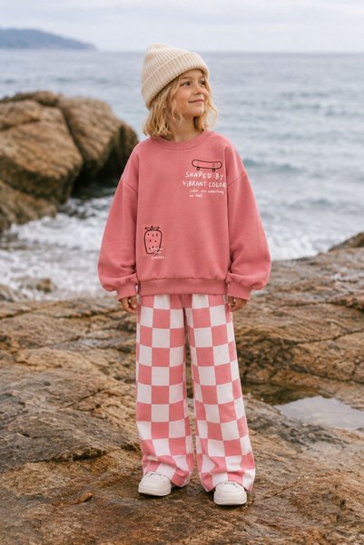 ZUZUNGA Girl's Checkerboard Patterned Oversize 3-Yarn Sweatshirt and Wide-Leg...