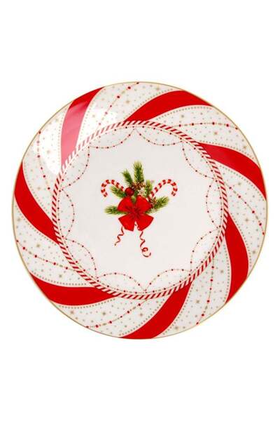 SHOPIENS Farfurie Craciun Portelan Alba Acadele Ghirlanda Dungi 19cm Shopiens®