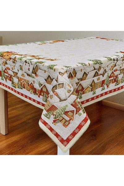 SHOPIENS Fata De Masa Craciun Tapestry Ecru Case Zapada Copii Om De Zapada 18...