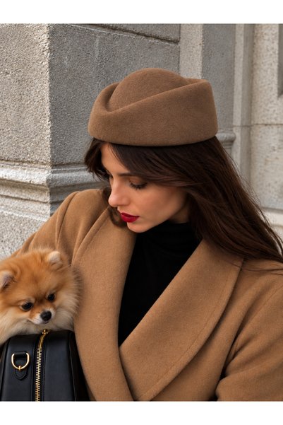 sadeden Koyu Camel Hostes Şapkası Pillbox Hat
