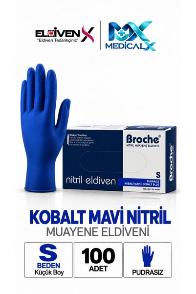 Medicalx Broche Kobalt Mavi Nitril Pudrasız Muayene Eldiveni 100’lük Kutu (Small/Küçük Boy)