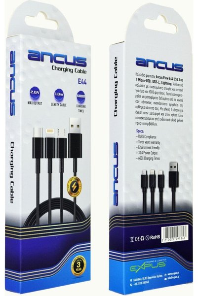 Ancus Καλώδιο σύνδεσης και φόρτισης USB 3-σε-1 Micro-USB, USB-C, Lightning 3....
