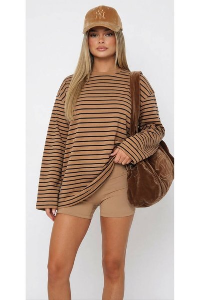 moda gk Çizgili Bisiklet Yaka Oversize Düşük Kol Örme Sweatshirt