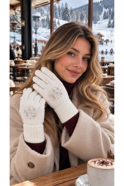 HAZAL KAYA ATELIER Ecru Stone Embroidered Soft Textured Knitwear Knitted Wome...