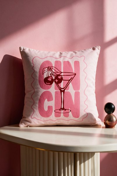 LadiesHome Pink Retro Cherry Gin Gin Patterned Throw Pillow Cover 43X43 cm Do...