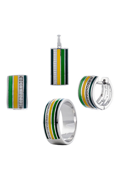 Sonis Silver Set din argint 925 rodiat (cercei + pandantiv + inel) cu email ș...