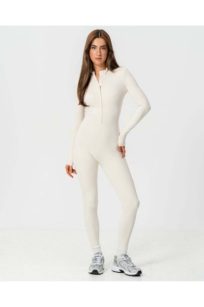 LUNAfit Salopetă lungă de yoga cu fermoar și mâneci lungi, damă, mulată, Crem...