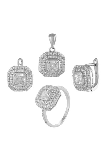 Sonis Silver Set din argint 925 rodiat (cercei + pandantiv + inel) cu zirconi...