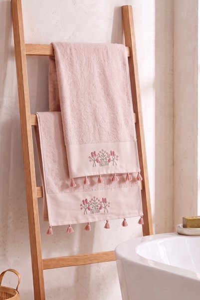 DNZGÜLCAN Tasseled and Embroidered Bath Towel Set |   70X140 cm Bath Towel, 50X90 cm Hand-Face-Hair Towel |   100% Cotton Hammam Set |   Dowry Box, Premium Set