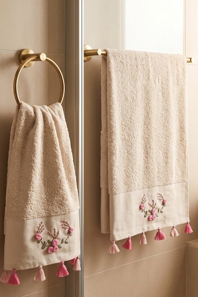 DNZGÜLCAN Tasseled and Embroidered Bath Towel Set |   70X140 cm Bath Towel, 50X90 cm Hand-Face-Hair Towel |   100% Cotton Hammam Set |   Dowry Box, Premium Set