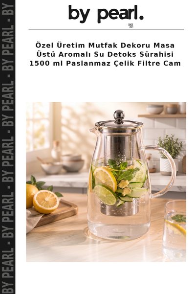 By Pearl Özel Üretim Mutfak Dekoru Masa Üstü Aromalı Su Detoks Sürahisi 1500 ml Paslanmaz Çelik Filtre Cam