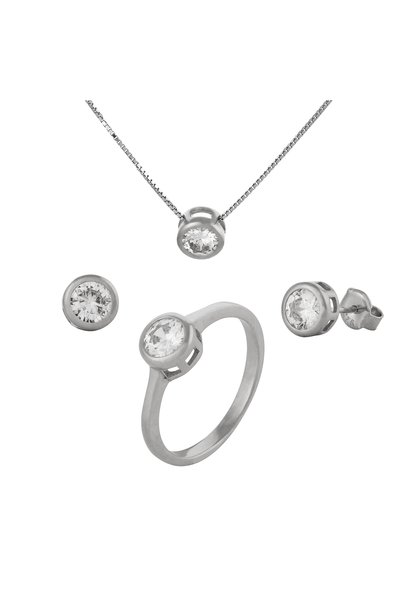 Sonis Silver Set din argint 925 rodiat (cercei + lanț + inel) cu zirconia faț...