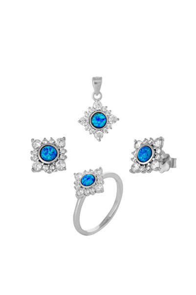 Sonis Silver Set din argint 925 rodiat (cercei + pandantiv + inel) cu opal de...