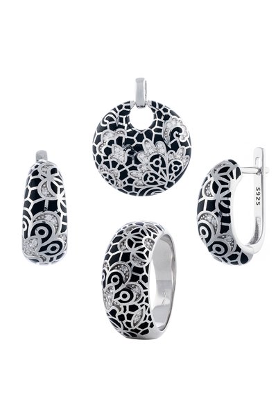 Sonis Silver Set din argint 925 rodiat (cercei + pandantiv + inel) cu email ș...
