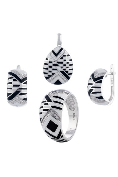 Sonis Silver Set din argint 925 rodiat (cercei + pandantiv + inel) cu email ș...