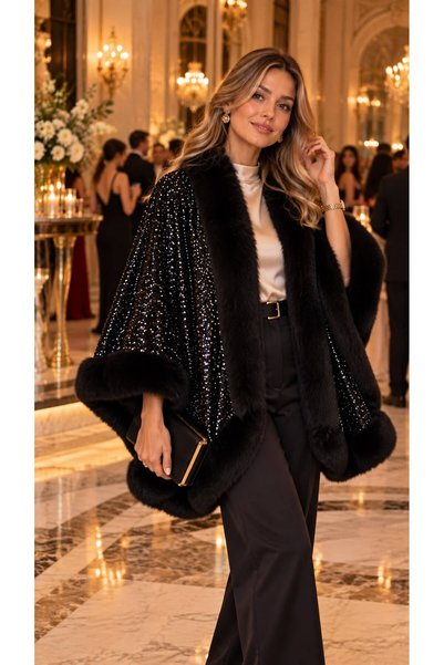 HAZAL KAYA ATELIER Siyah Premium Suni Kürklü Pul İşlemeli Dokuma Kadın Panço