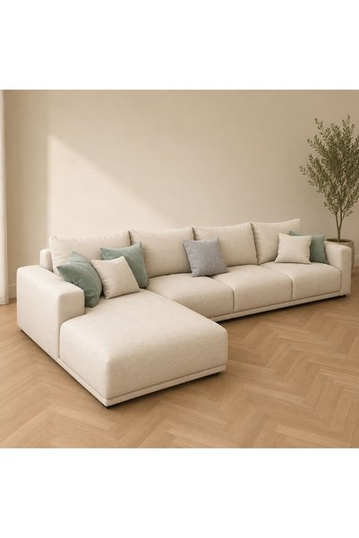 homejoyz كنبة زاوية حرف L كتان وخشب سويدي - بيج - إيلينا - 300x180x90x90 سم