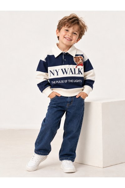 Neo Kids Erkek Çocuk Lacivert Ekru Çizgili Polo Yaka Sweatshirt ve Bol Paça J...