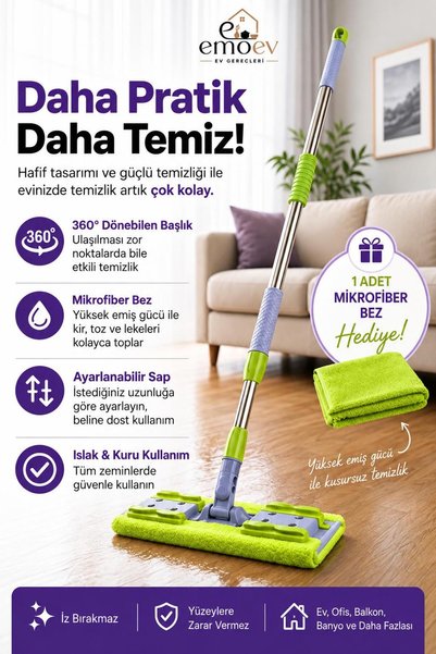 Emoev Bez Ve Kıyafet Tutuculu Mikrofiber Mop 360° Döner Başlıklı Zemin Ve Duv...