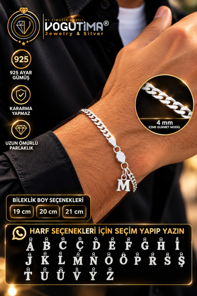 vogutima Erkek Gümüş Harf Hediyeli Bileklik - 4mm Ezme Gurmet Italy Harfli Se...