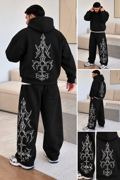 NUATEX 3 Threaded Raster Printed Premium Baggy Fit Bottom Hooded Kangaroo Pocket Oversize Sweatshirt Unisex Tracksuit Set