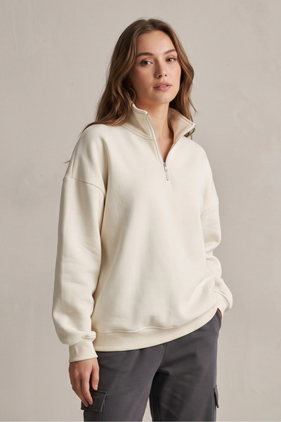 Giyyin High Collar Zippered Beige Sweatshirt Three Threaded Yarn Unisex