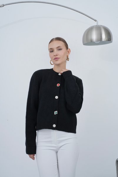 ZS Zey Studio Women's Black Gemstone Button Detailed Cardigan