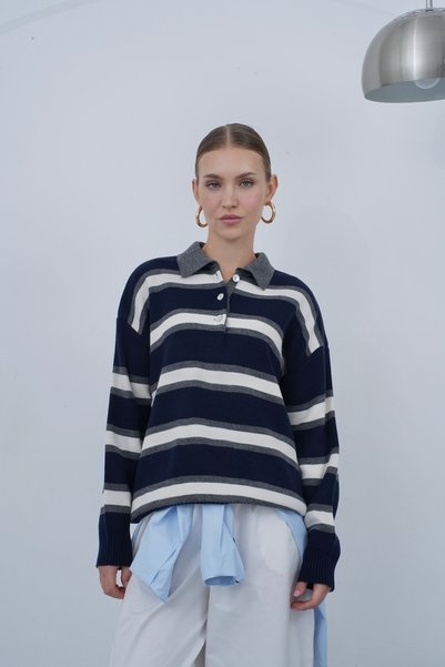 ZS Zey Studio Women's Navy Blue Gray Striped Polo Collar Sweater