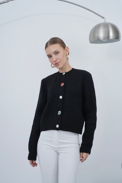 ZS Zey Studio Women's Black Gemstone Button Detailed Cardigan