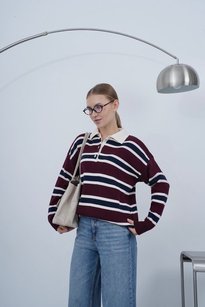 ZS Zey Studio Women's Burgundy Navy Blue Striped Polo Collar Sweater