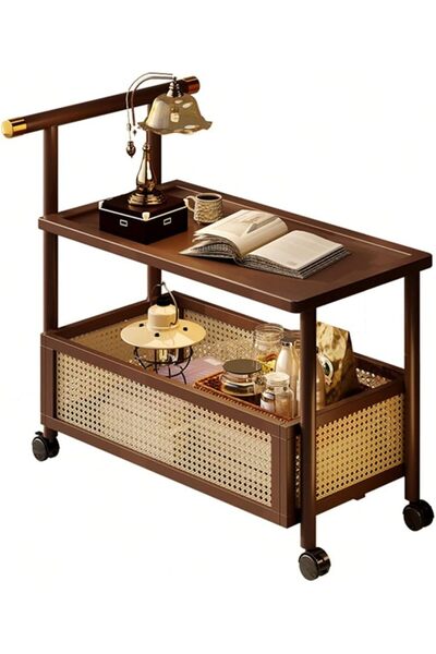 GENERAL Rattan Coffee Table Trolley, Wooden Rolling Cart