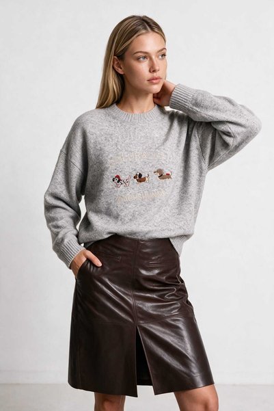 Lovelyİstanbul Embroidered Oversize Knit Sweater Lyy0149 Gray