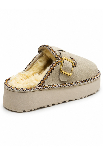 Amiral Ayakkabı Women's Beige Fur-Lined Suede Look Thick Sole Winter Slippers