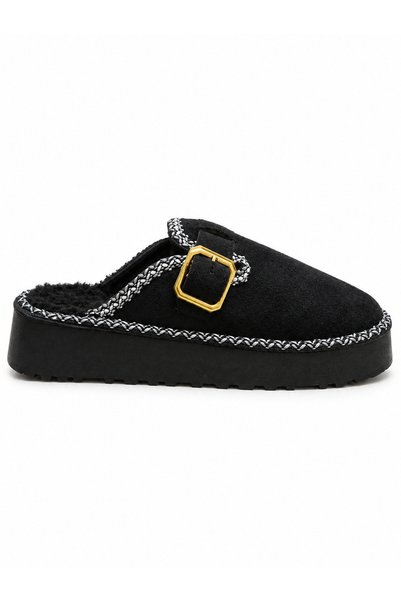 Amiral Ayakkabı Women's Black Fur-Lined Suede Look Thick Sole Winter Slippers