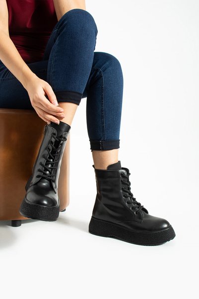 Tibu Ayakkabı Black Leather Lace-Up Women's Boots