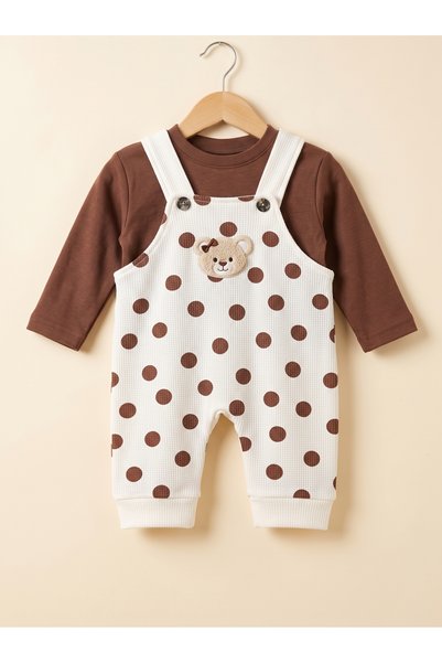 Lindakids %100 Pamuk Unisex Ayıcık Nakışlı Puantiyeli Uzun Kollu Üst ve Salop...