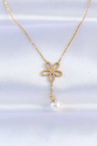 Angel Of Life 316L Steel Chain Gold Color Pearl Detail Flower Necklace